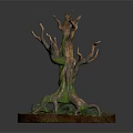 Detailed Dry Tree Model With Green Moss Covered Trunk And Circular Base 3d model
