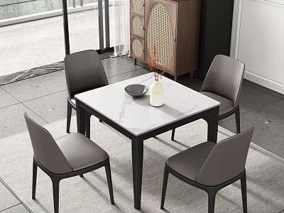 Modern Dining Table Set With White Marble Top And Four Grey Leather Chairs 3d model