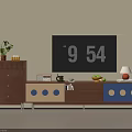 Modern Wooden TV Stand With Blue Yellow Panels And TV Radio Fruits Plant Lamp