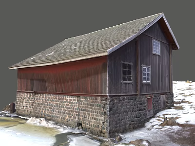 Old Barn With Wooden Walls Stone Base Gray Roof Windows Snowy Ground And Ice 3d model