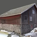 Old Barn With Wooden Walls Stone Base Gray Roof Windows Snowy Ground And Ice