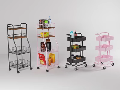 Multitiered Mobile Storage Racks With Wire Baskets And Wooden Shelves In Various Colors 3d model