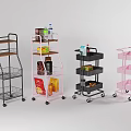 Multitiered Mobile Storage Racks With Wire Baskets And Wooden Shelves In Various Colors