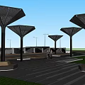 Modern Artistic Landscape Sculpture With Lattice Metal Design In Outdoor Park With Trees And Seating