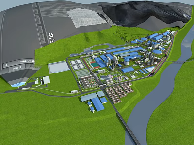 Industrial Plant Complex Layout With Multiple Buildings Green Areas And River 3d model