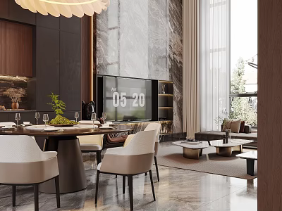 Modern Luxury Duplex Living Room Interior Design With Chandelier Sofa And TV Wall 3d model