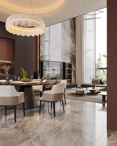 Modern Luxury Duplex Living Room Interior Design With Chandelier Sofa And TV Wall 3d model