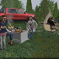 Garden Landscape With Lush Grass Wooden Deck Campfire Area Trees Rock And Parked Vehicles