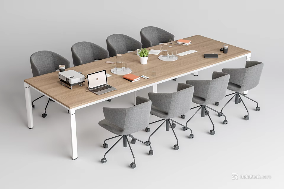 Modern Conference Table With Gray Office Chairs Laptop Coffee Cups And Potted Plant 3d model 