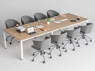 Modern Conference Table With Gray Office Chairs Laptop Coffee Cups And Potted Plant 3d model