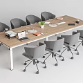 Modern Conference Table With Gray Office Chairs Laptop Coffee Cups And Potted Plant