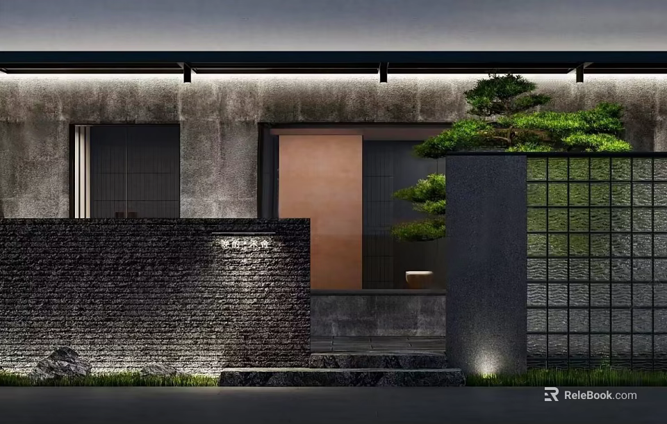 Modern Storefront Facade Design With Gray Stone Wall Wooden Door Pine Tree Grid And Lighting 3d model 