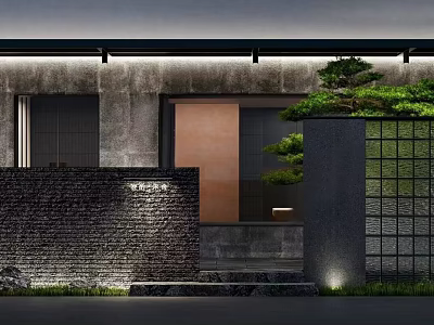 Modern Storefront Facade Design With Gray Stone Wall Wooden Door Pine Tree Grid And Lighting 3d model