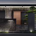 Modern Storefront Facade Design With Gray Stone Wall Wooden Door Pine Tree Grid And Lighting