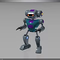 3D Robot Character Design with Blue Purple Accents Red Glowing Eyes and Metallic Limbs