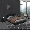 Elegant Double Bed Against Textured Gray Walls with Tufted Headboard Abstract Painting Nightstands and Lamps
