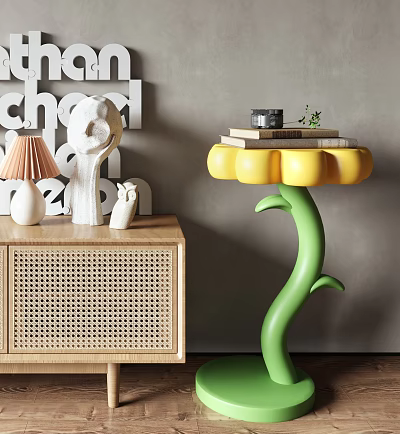 Flower Shaped Side Table with Yellow Top and Green Stem for Modern Living Room Decor 3d model