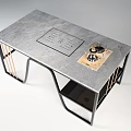 Modern Tea Table and Chairs with Gray Tabletop Black Metal Frame and Tea Set