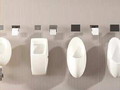 Modern White Ceramic Wall Mounted Urinals In Public Bathroom Row With Textured Wall 3d model