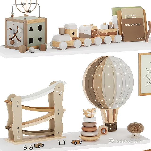 Wooden Kids Playroom Toys Featuring Swing Hot Air Balloon Lamp Train And Building Blocks 3d model 