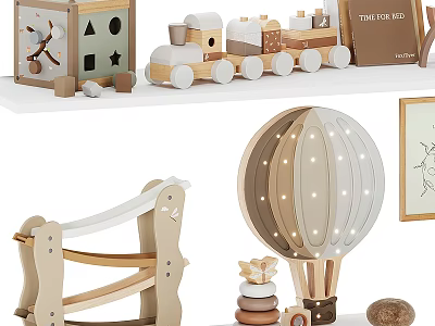 Wooden Kids Playroom Toys Featuring Swing Hot Air Balloon Lamp Train And Building Blocks 3d model