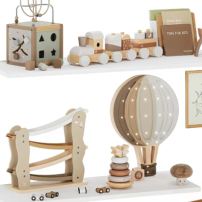 Wooden Kids Playroom Toys Featuring Swing Hot Air Balloon Lamp Train And Building Blocks 3d model