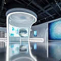 Innovative Tech Exhibition Hall Featuring Circular Stand Globe Digital Screens Data Charts Reflective Floor And Metallic Lights