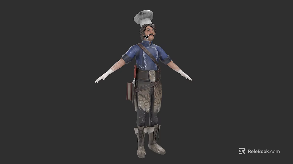 Man Wearing Chef Hat Blue Uniform White Gloves and Apron Standing 3d model 
