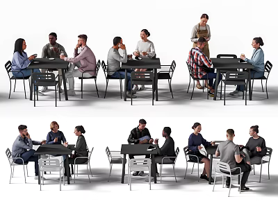 People Sitting At Tables With Chairs In Indoor Social Gathering Area 3d model