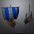 Ancient Water Vessels With Blue And White Sails And Multiple Oars