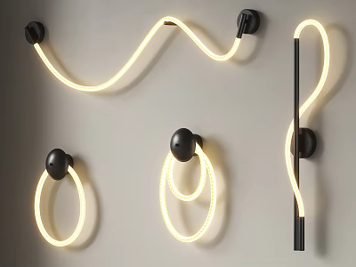 Modern Design Wall Lamps With Curved Ring And Strip Shapes LED Light And Black Mounts 3d model