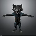Raccoon Character 3D Model in Blue Outfit With Red Vest and Outstretched Arms