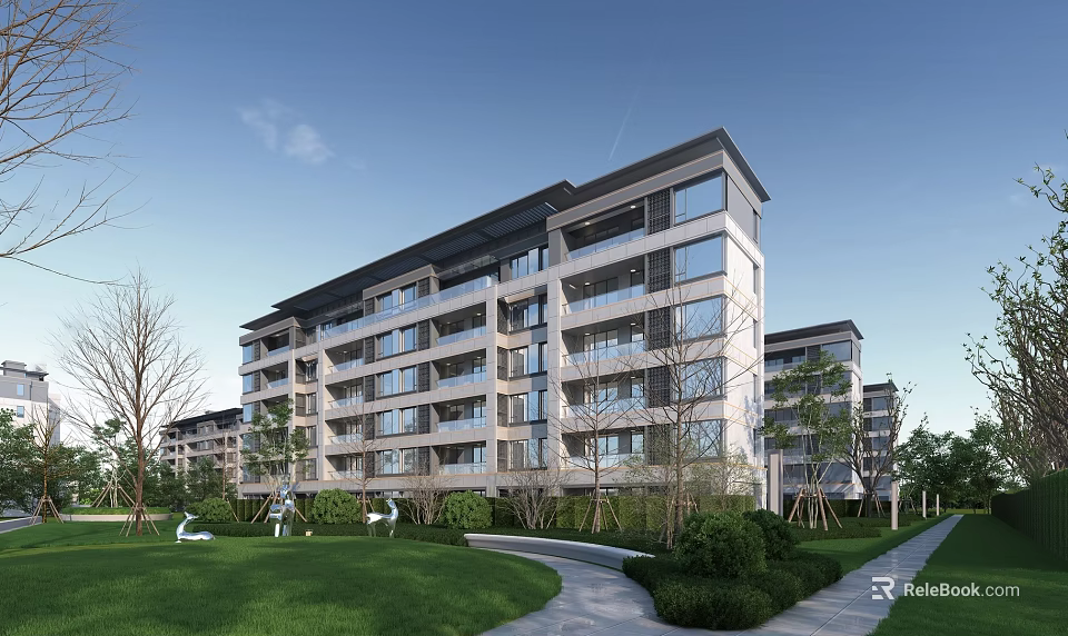 Modern Multi story Residential Building Exterior With Lawn Trees And Walkway 3d model 
