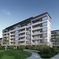 Modern Multi story Residential Building Exterior With Lawn Trees And Walkway