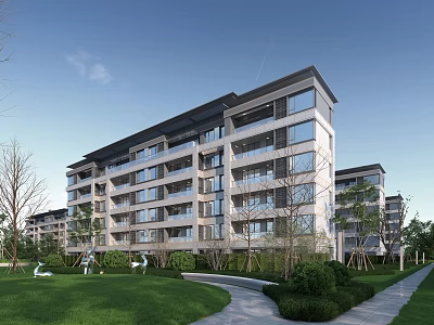 Modern Multi story Residential Building Exterior With Lawn Trees And Walkway 3d model