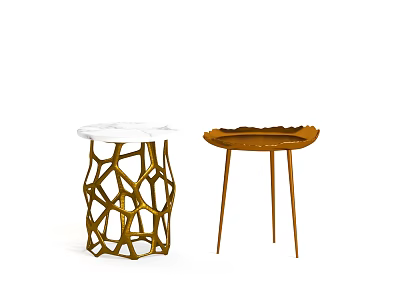 Two Stylish Gold Side Tables with White Tabletop Intricate Base and Brown Tabletop Slim Legs 3d model