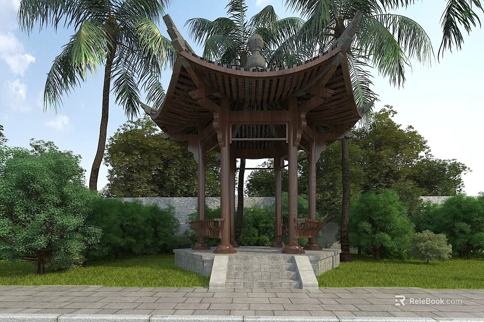 Ancient Architectural Pavilion In Garden With Palm Trees Greenery And Stone Path 3d model 