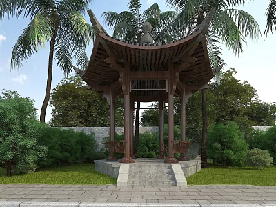 Ancient Architectural Pavilion In Garden With Palm Trees Greenery And Stone Path 3d model