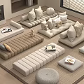 Modern Living Room With Multiple Sofas Decorative Pillows Area Rug Fireplace And Window Blinds