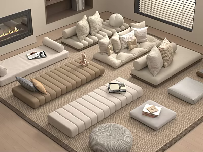 Modern Living Room With Multiple Sofas Decorative Pillows Area Rug Fireplace And Window Blinds 3d model