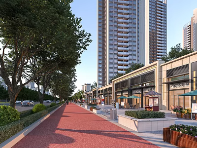 Commercial Street With Tall Buildings Green Trees And Red Pathway 3d model