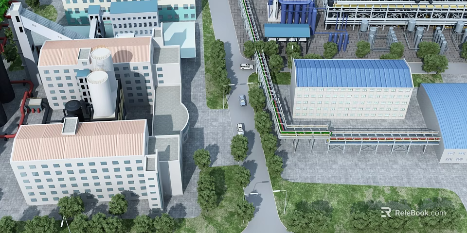Industrial Factory Complex With Multiple Buildings Different Colored Roofs Roads Greenery And Vehicles 3d model 