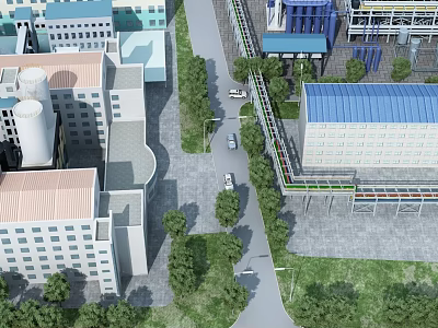 Industrial Factory Complex With Multiple Buildings Different Colored Roofs Roads Greenery And Vehicles 3d model