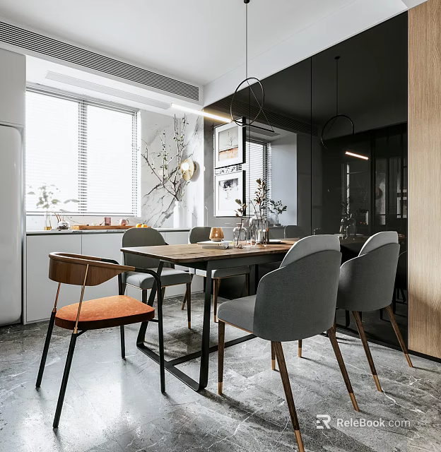 Modern Restaurant Interior With Dining Table Chairs Windows And Decorative Plants 3d model