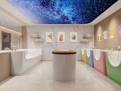 Kids Bathroom Interior With Starry Sky Ceiling Colorful Sinks Bathtub And Cartoon Decorations 3d model