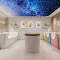 Kids Bathroom Interior With Starry Sky Ceiling Colorful Sinks Bathtub And Cartoon Decorations