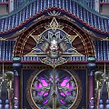 Cartoon Scene Of Chinese Traditional Palace With Flying Eaves Dragon Decorations And Purple Blue Roofs