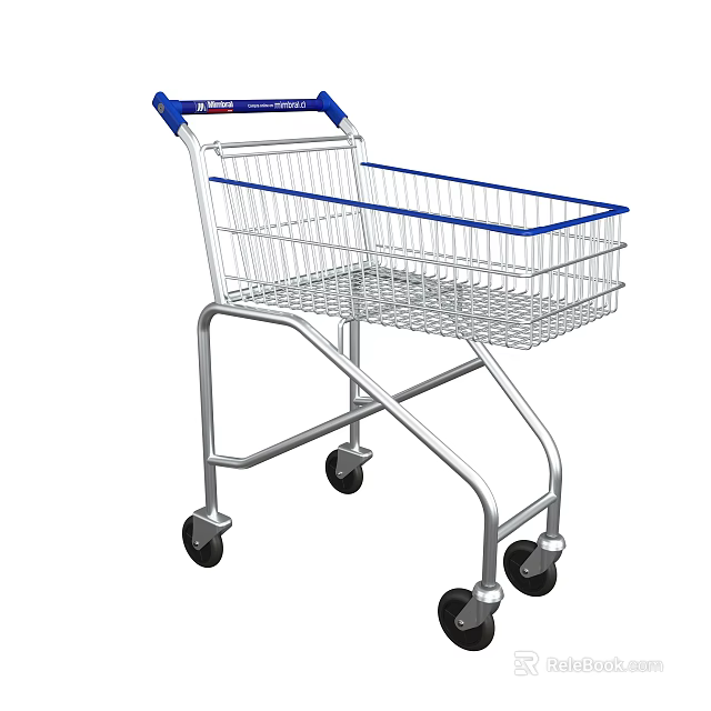 Sturdy Metal Shopping Cart With Blue Handle Basket And Wheels For Public Use 3d model 