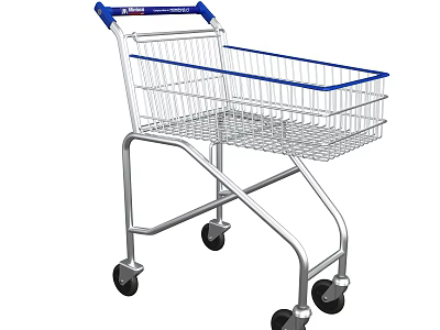 Sturdy Metal Shopping Cart With Blue Handle Basket And Wheels For Public Use 3d model