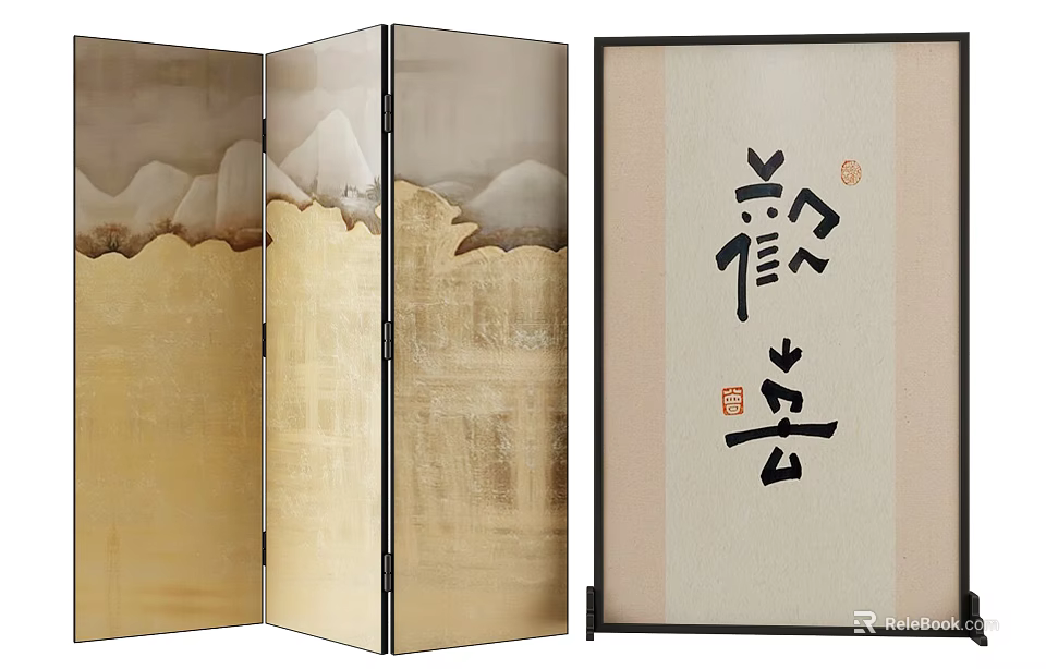Traditional Art Screens With Landscape And Calligraphy Design 3d model